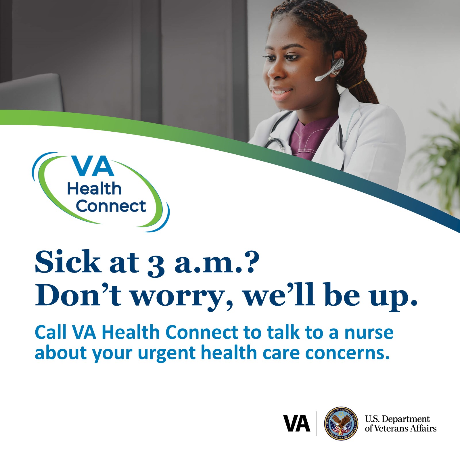 A nurse wearing a headset, the V-A Health Connect graphic, and text